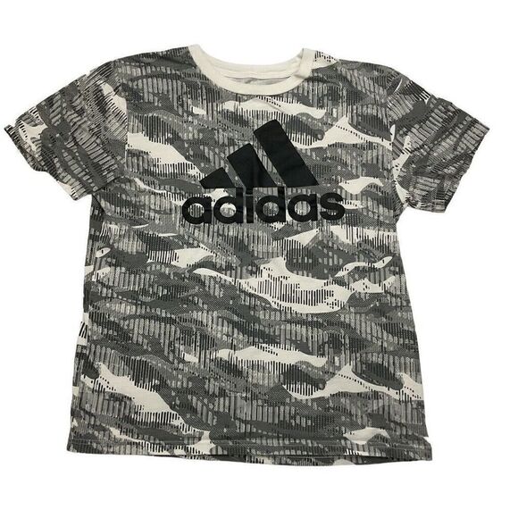 Adidas Boys Camo T‎ Shirt Sz Medium 10/12 Gray White Front Logo - Picture 1 of 5